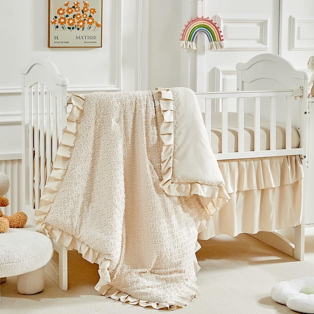 Set de ropa de cuna de 3 piezas Flysheep Beige con volante y acolchado