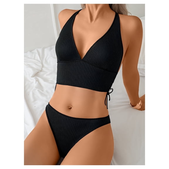 Women's Black Ribbed High-Waist Bikini Set - Deep V Neck Cropped Bathing Suit with Adjustable Drawstrings