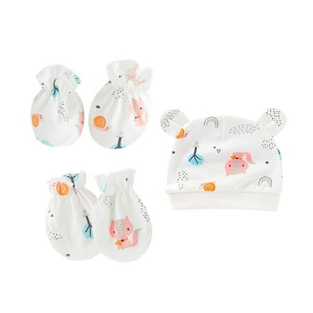 

Cute Foot Cover Turban Beanie Cap Hat Set Gifts Baby Cartoon Printed Mitts Anti Scratching Gloves No Scratch Mittens