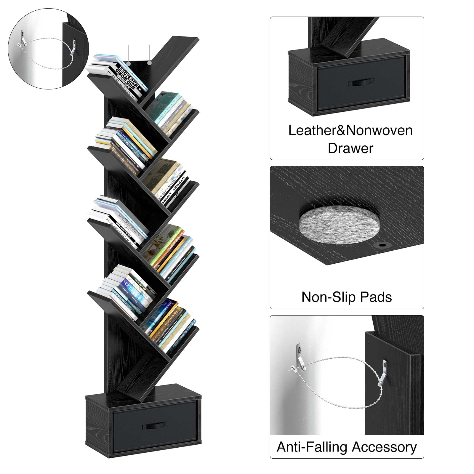 Greenstell 9-Tier Storage Bookshelf with Drawer Shelves for Home Office, Black