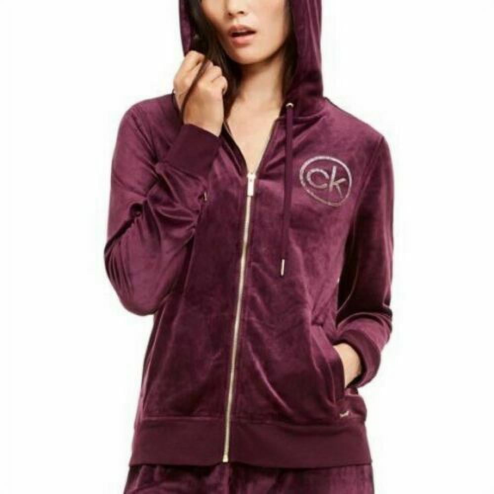Calvin Klein Women Velour Logo Zip Hoodie Dark Purple Burgundy Size L -  