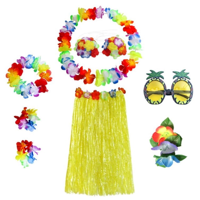 Conjunto de Disfraces Hawaianos para Hombres y Mujeres Perfecl Falda de Hierba Diadema Pulseras Collar Gafas Amarillo 60cm