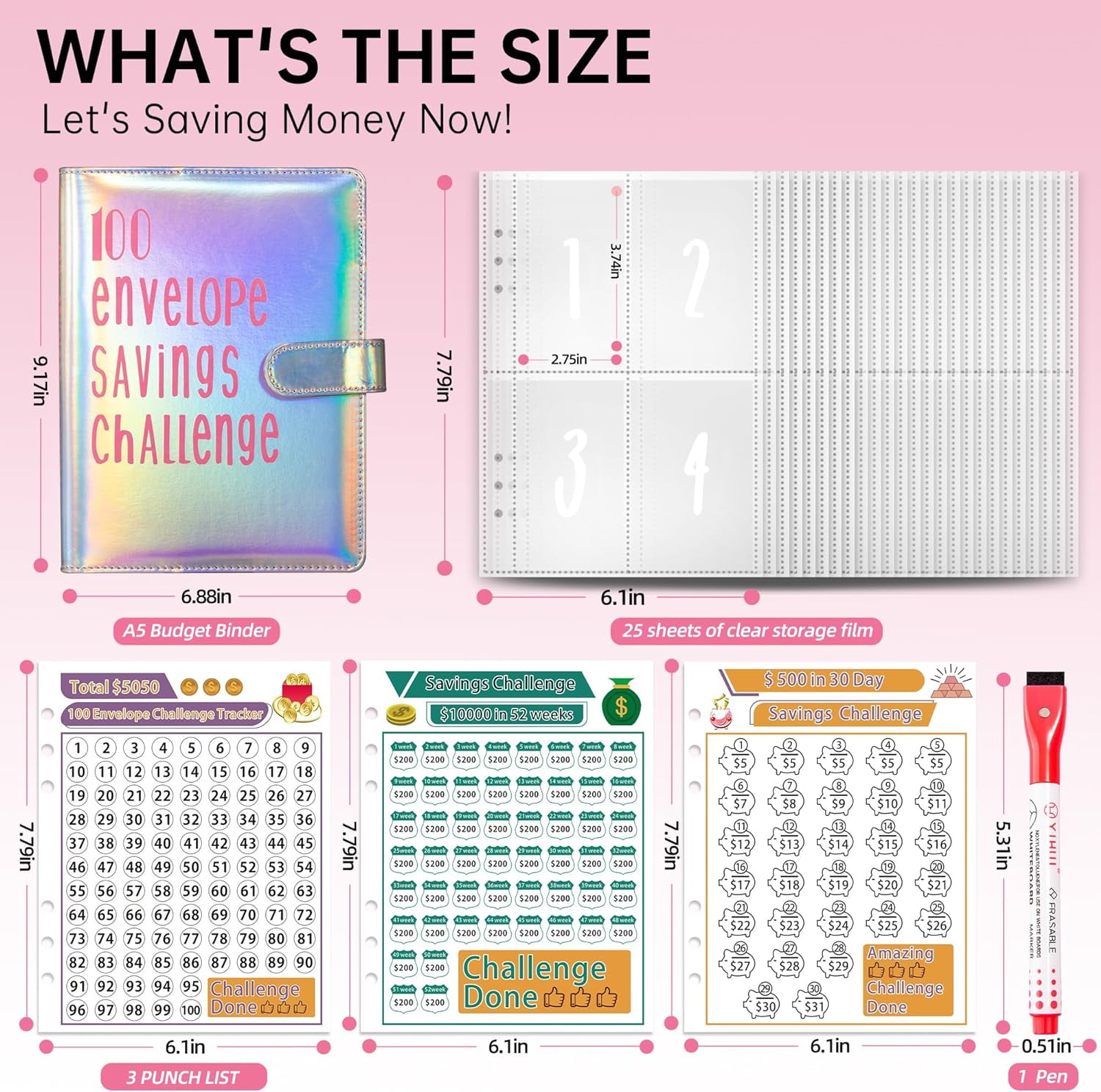 100 Envelopes Money Saving Challenge Binder - 100 Day Money Saving Challenge Book, A5 Savings Challenges Binder with Cash Envelopes and Challenge Trackers to Save $10,000, 5,050, and $500