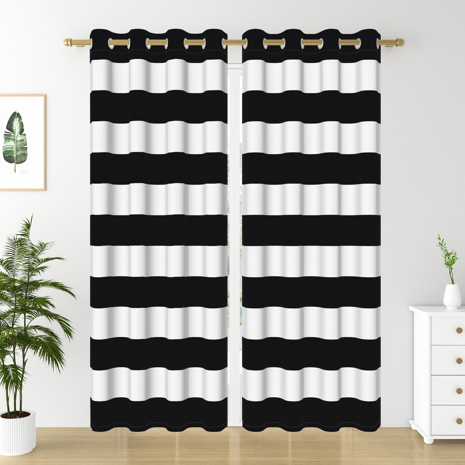 Nanqianyi Black White Horizontal Striped Blackout Curtains, Thermal Insulated Classic Grommet Drapes for Bedroom Living Room, 2 Panels 42"W x 84"L