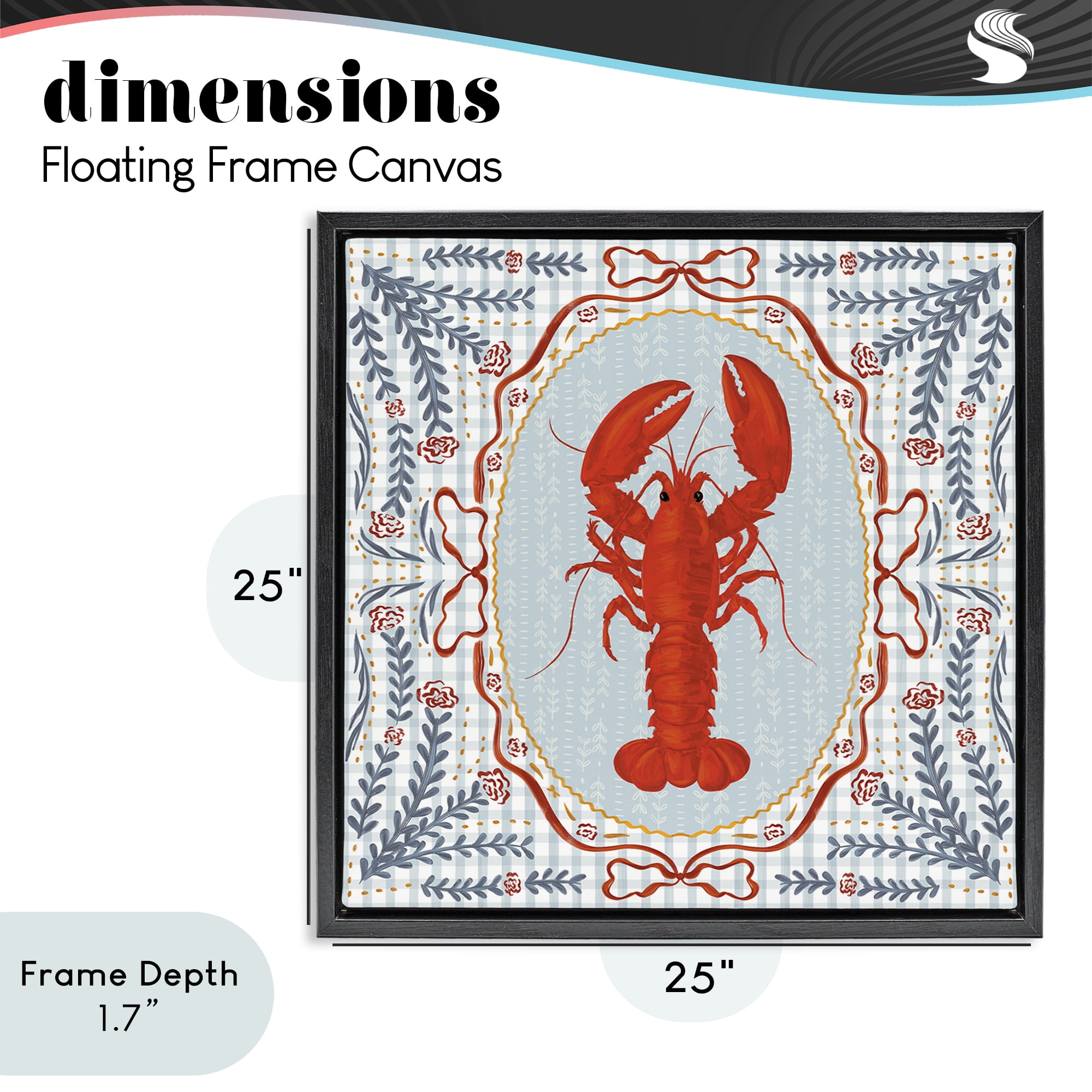 Stupell Industries Lobster Portrait Blue Gingham Black Framed Floater Canvas Wall Art, design by Vero Illustrates