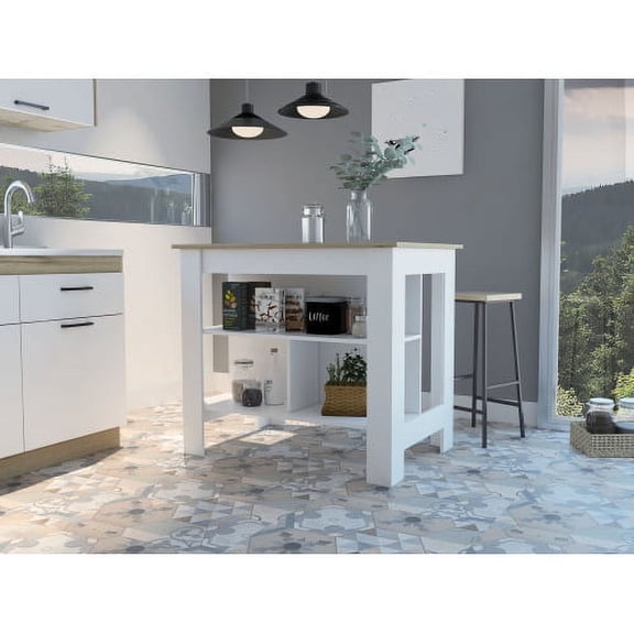 Cterwk Rectangle Kitchen Island with 3 Shelves, Wood Island Table for Kitchen, Dining Room, White