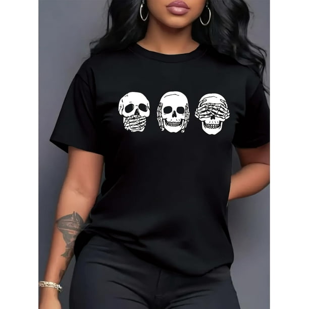 Playera de manga corta para mujer, estampado en color sólido, cuello redondo, estilo casual, para verano, estilo casualWomen's Casual Round Neck T-Shirt with Playful Skull Print, Short Sleeve, Polye