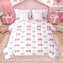 Manfei Cute Pink Bow-Tie Girl 7-Piece Twin Bedding Sets,Polka Dots Bedding Comforter Set,Cartoon Bowknot Breathable Sheet Sets,Ultra Soft Home Decor,Reversible