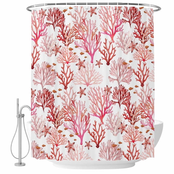 60x72 Inch Shower Curtains for Bathroom, Nautical Coastal Fabric Bath Curtain Decor, Summer Sea Coral Starfish Underwater Red Waterproof Restroom Curtains Shower Set Accessories with 12 Hooks 60 Inch