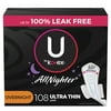 U by Kotex AllNighter Overnight Pads with Wings, Ultra Thin, 108 Count (3 Packs of 36)