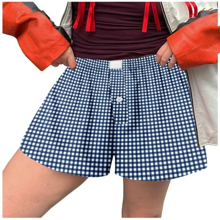 Mepaouo Womens Boxer Shorts Casual Summer Pajama Lounge Plaid Shorts Y2K Beach Bottoms Sizes S-XL