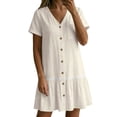 thumbnail image 5 of Ygbgbb Women's Linen-Blend Mini Dress, V-Neck Short Sleeve with Button Front & Lace Trim, Casual Summer Tunic Dress Beige XXL, 5 of 8