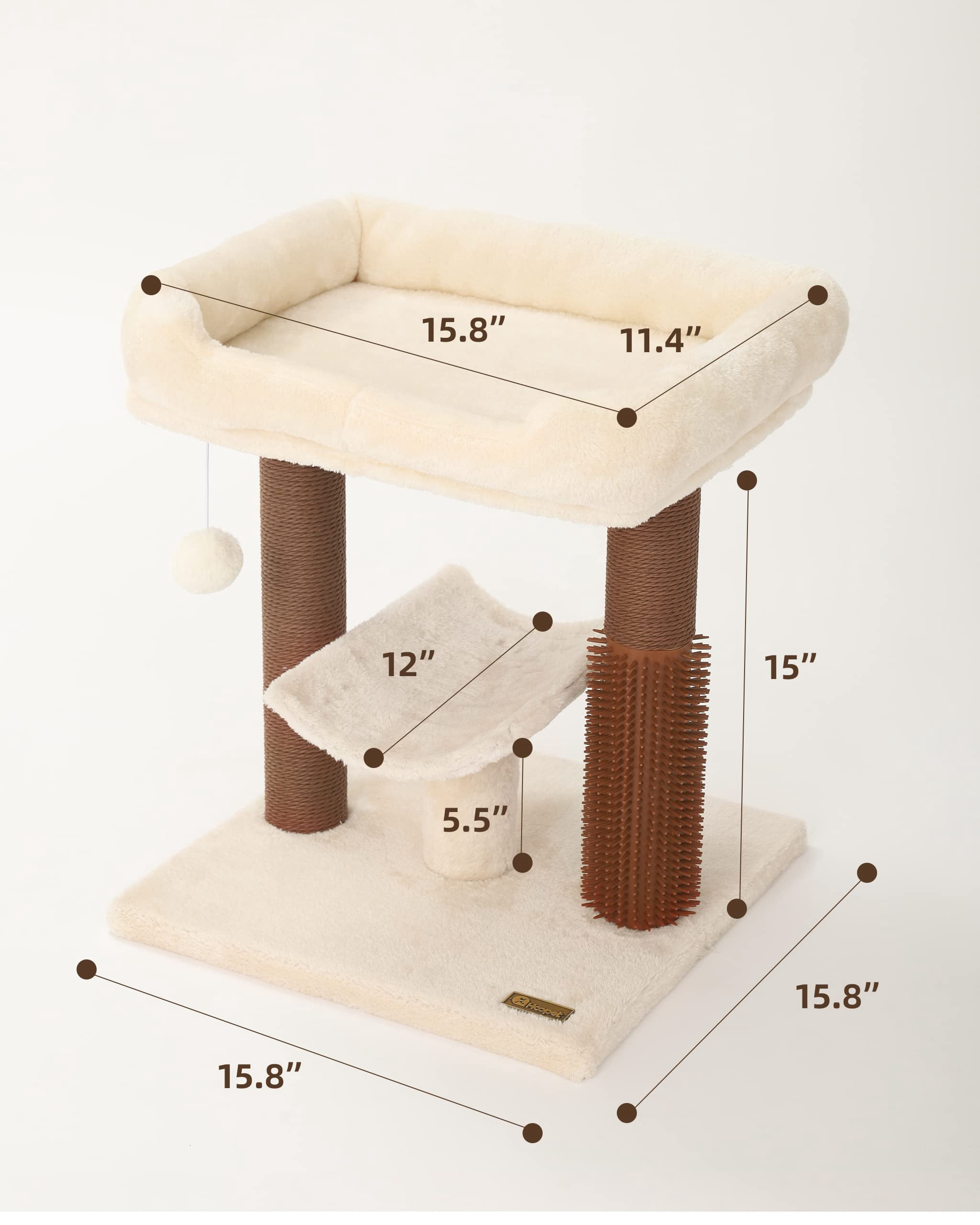 Hoopet 20" Cat Tree Tower, Scratching Post for Indoor Cats with Cozy Perch, Self Groomer & Interactive Ball,Beige