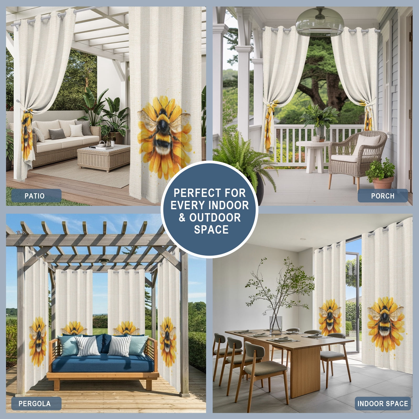 Yellow Flower Outdoor Curtains for Patio, Summer Bee Farmhouse Vintage Daisy Sunshade Privacy Drapes Grommet Waterproof Outside Curtains for Porch/Cabana/Balcony 54"x 108", 1 Panel