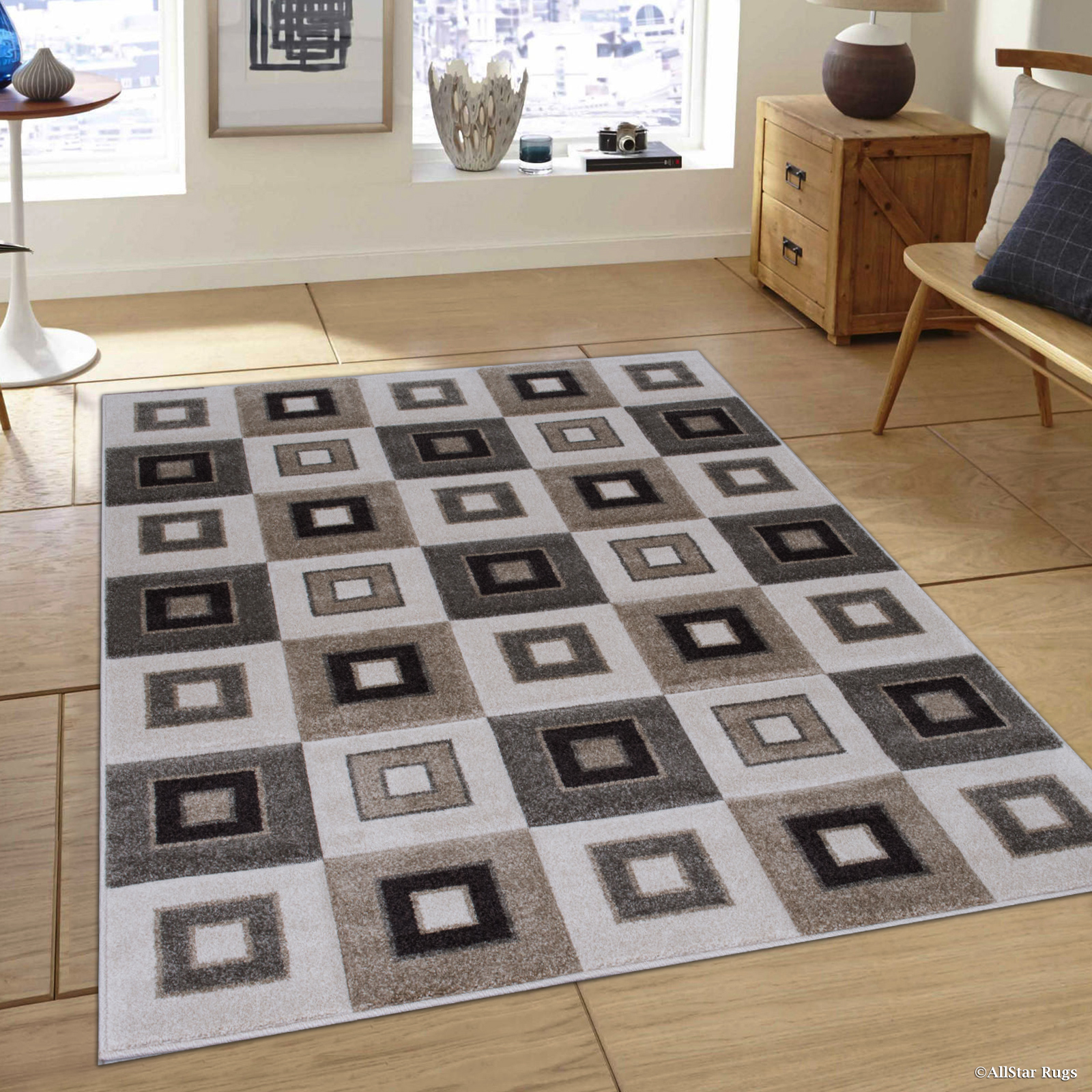 Allstar Ivory Modern Geometric square design Area Rug (5' 2" x 7' 2