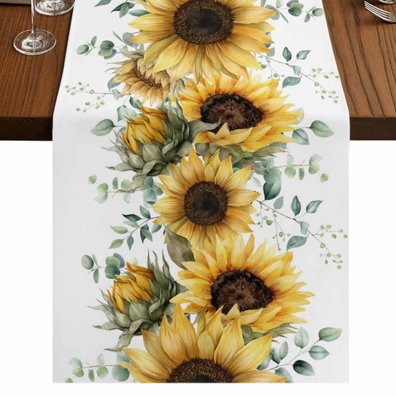 Table Runners 36 Inches Long Dress Scarves, Sunflower Farmhouse Kitchen Table Runner, Short Coffee Tablerunners, Yellow Floral Eucalyptus Leaves Watercolor 13x36 Inch