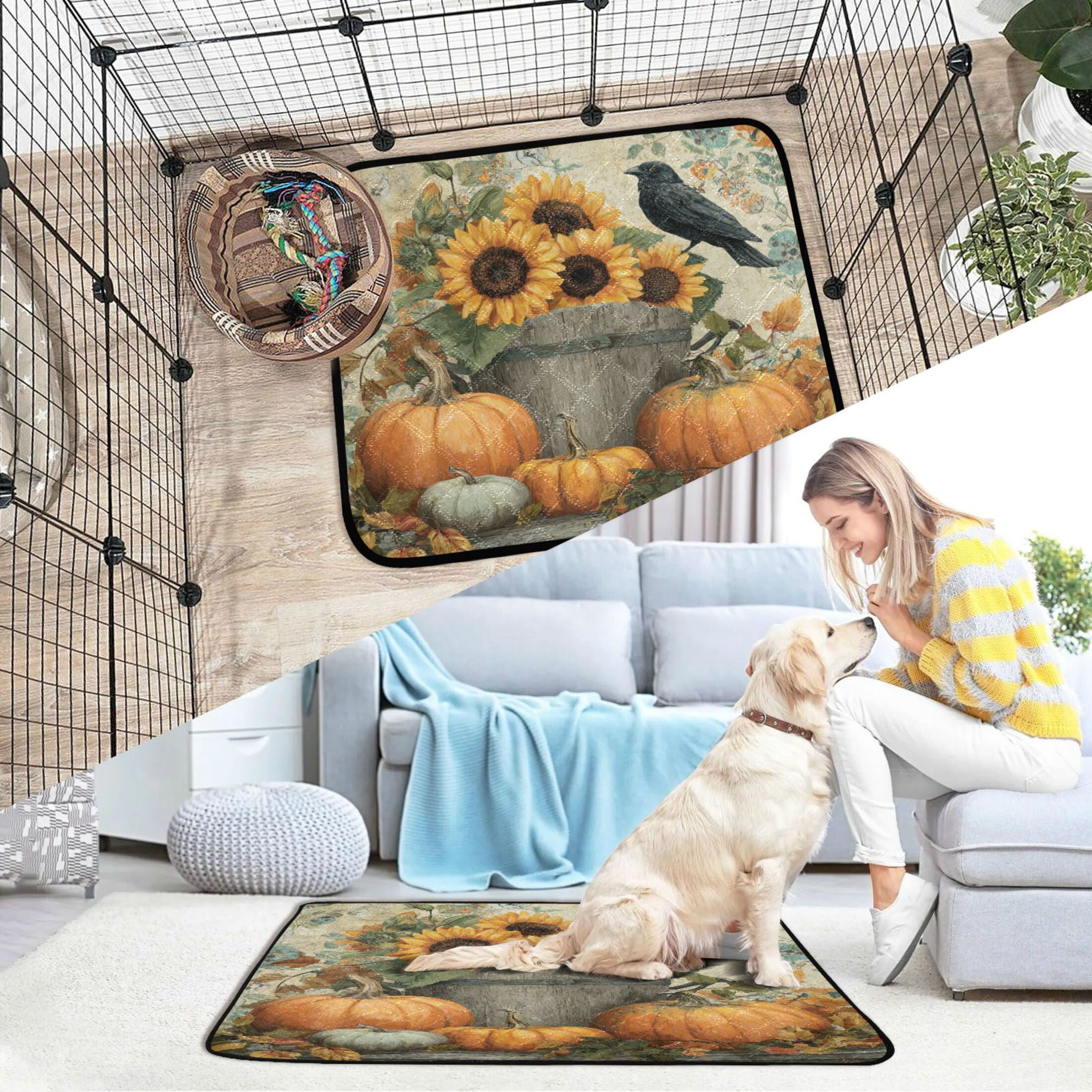 Qxltty Pumpkins Sunflowers Cat litter Pads Pet Set of 3 Diaper Mats Center Anti-leakage Layer Absorbent Soft and Comfortable