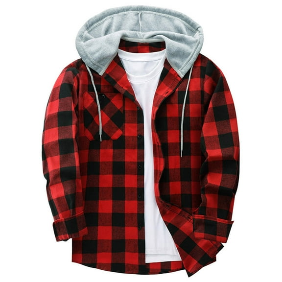 Mens Flannel Hoodie Shirts Casual Button Down Plaid Shirt Jackets for Men Long Sleeve Hooded with Pocket