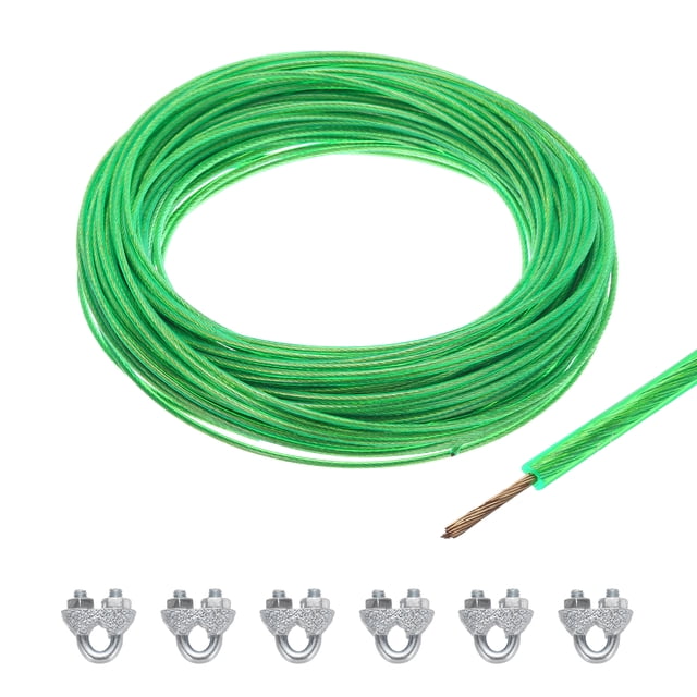 Uxcell 1/16 Green Vinyl Coated Wire Ropes 98ft Galvanized Steel with 6PCS M3 Loop Sleeves