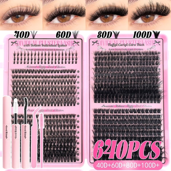 Large Capacity Mixed Lash Book Segmented False Eyelashes, 40D+60D+80D+100D Wispy Spiky Cluster Lower Lashes, Reusable DIY Volume Individual Lashes for Daily Makeup
