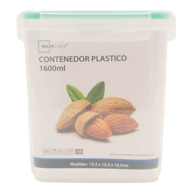 Contenedor Mainstays de Plástico Rectangular Transparente 1.6 Litros con tapa verde, hermético y resistente, ideal para conservar porciones medianas de alimentos y mantener la organización en la cocina o refrigerador semanalmente, también adecuado para almacenar ingredientes visibles.