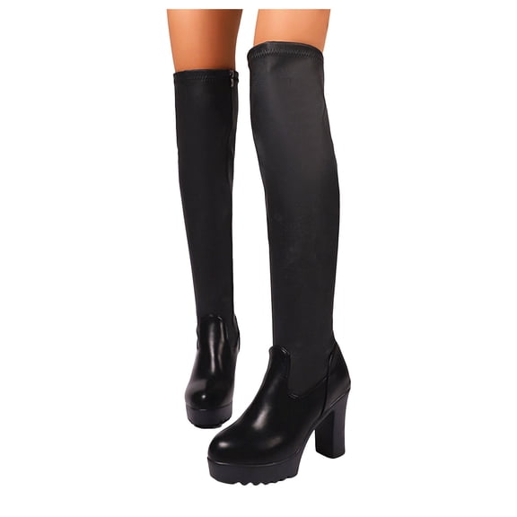 Womens Over the Knee Boots Splice Leather Round Toe Platform High Heel Thigh High Boots Casual Dress Stretch Tall Boots Black 10