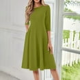 thumbnail image 2 of 3/4 Sleeve Fit and Flare Dresses for Women Solid Color A Line Flowy Dress Crew Neck Casual Midi Dress with Pockets, 2 of 4
