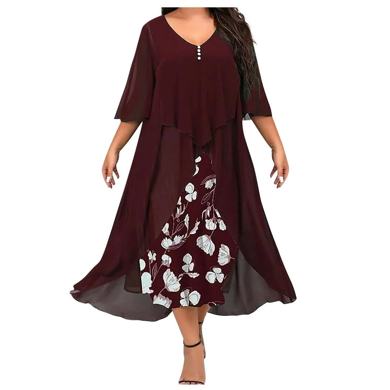 BEEYASO Summer Dresses for Women 3/4 Sleeve Knee Length Fashion Printed  A-Line Round Neckline Dress Casual Dresses on Clearance Wine S