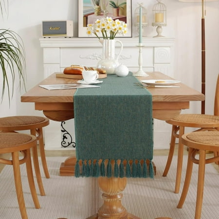 

13x72inch Tassel Bohemian Vintage Rustic Farmhouse Table Runner 72inches Long Dresser Scarf for Dining Kitchen Christmas Birthday Party Dark Green