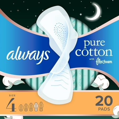 Always Pure Cotton with FlexFoam Pads with Wings, Overnight Absorbency, Size 4, 20 Ct