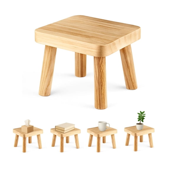 Small Wooden Stool Plant Stand Step Stool for teen 9.8"X9.2"X7.9" Rustic Solid Wood Side Table Kitchen Bathroom Bedroom Nursery Non-Slip Pads Lightweight Durable , 1 Detachable Portable Small Stool