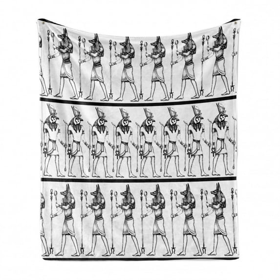 Egyptian Print Soft Flannel Fleece Throw Blanket, Hieroglyphics with Anubis Traditional Cultural Mummy After Life Art, Cozy Plush for Indoor and Outdoor Use, 70" x 90", Black White, by Ambesonne