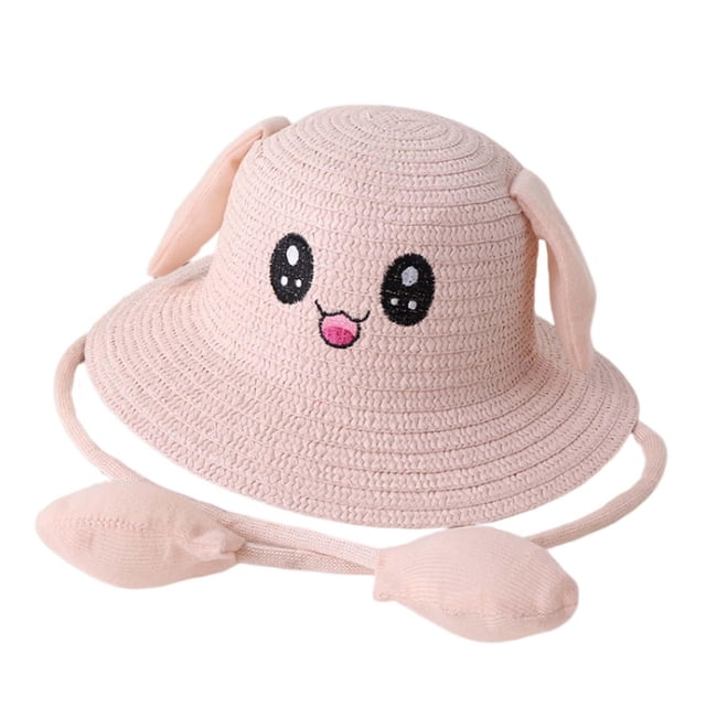 Movable Rabbit Ears Straw Hat Cute Children Beach Hat for Summer Short Trips Light Pink