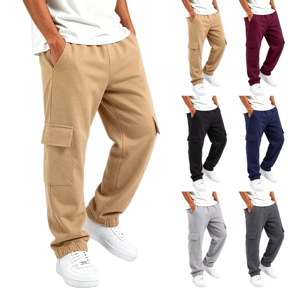 SROBPTY Fall Winter Teens Boys Pants Solid Elastic Waist Cargo Cuffed with Pockets
