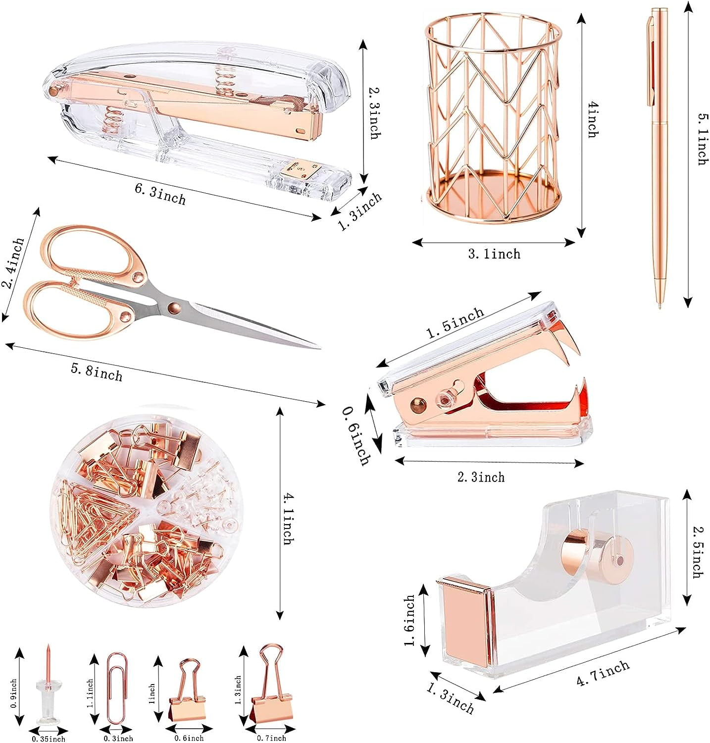 Rose Gold Desk Accessories, Acrylic Stapler Set Staple Remover, Tape Holder, Pen Holder, 2 Ballpoint Pen, Scissor, Binder Clips, Paper Clips and 1000Pcs Staples