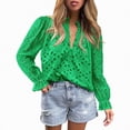 thumbnail image 2 of Towmus Women's Dressy Casual Blouse Tops Fall Spring Puff Long Sleeve Button V Neck Hollow Out Lace Embroidered Shirts, 2 of 7