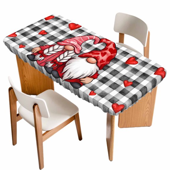 Valentine's Day Table Cloths for 3 Foot Rectangle Tables, Red Gnomes Love Checkered Buffalo Patio Waterproof Elastic Fitted Tablecloths, Washable Rectangular Table Cover for Camping