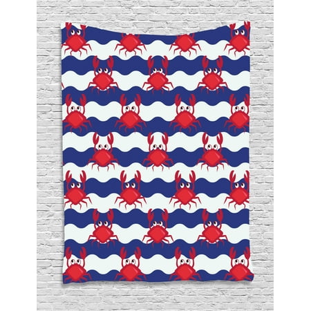 Navy Blue And Red Living Room Crabs Tapestry, Nautical Maritime Theme Cute Crabs on Striped Background Illustration Print, Wall Hanging for Bedroom Living Room Dorm Decor, Red and Navy Blue, by Ambesonne ()