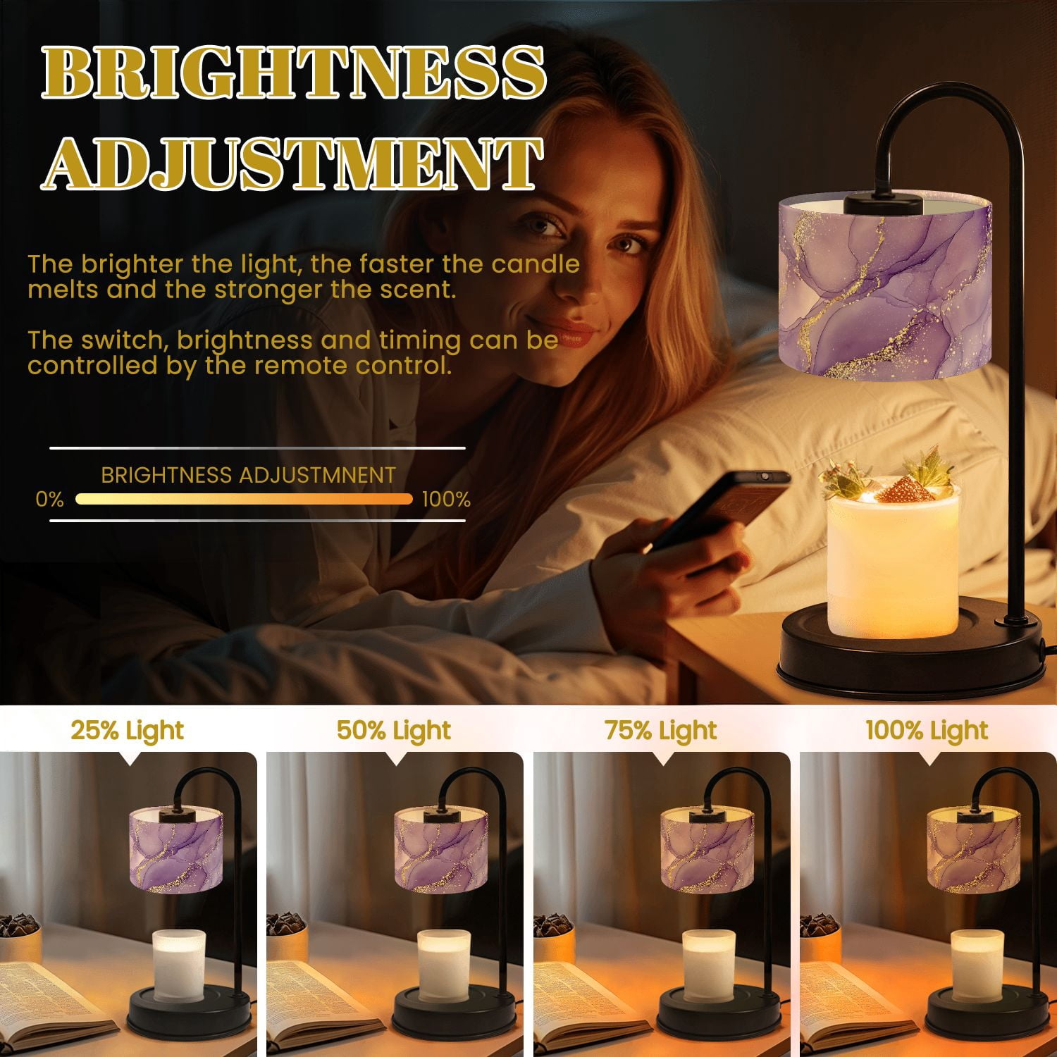 Candle Warmer Lamp with Timer Dimmer Purple Abstract Marble Texture Gold Veins Elegant Alcohol Ink Art Candle Lamp Warmer for Jar Candle with 4 Bulbs Gifts for Women House Warming Gifts