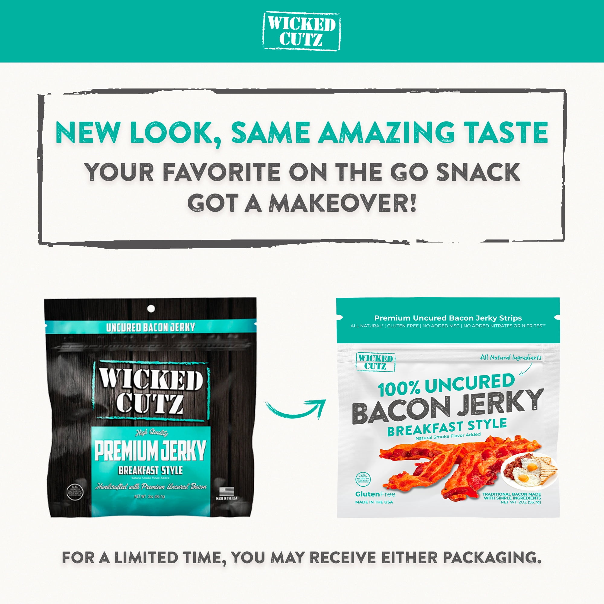 (2 pack) Wicked Cutz Premium Uncured Tender Bacon Jerky, Breakfast Style, 14g Protein, 2 oz Bag