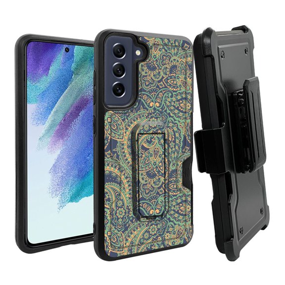 ANJ  Rugged Dual Layer Hybrid Holster Kickstand Case w/ Card Slot   Tempered Glass Cover for Samsung Galaxy S21 FE 5G - Classic Paisley 2