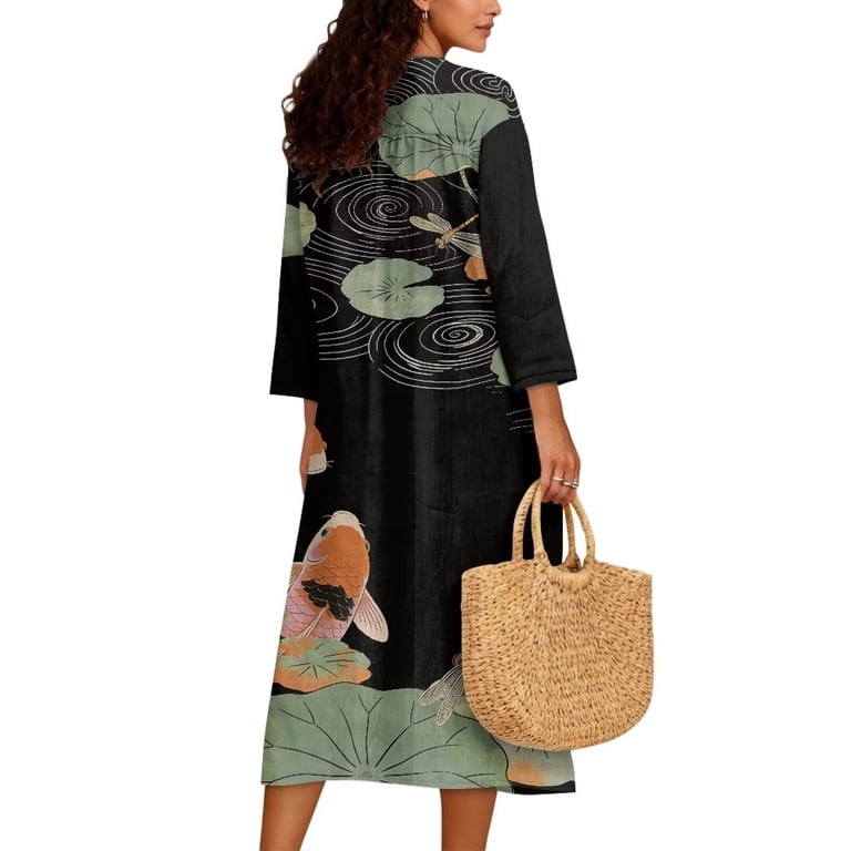 Xoenoiee Koi Fish Dragonfly Lotus Leaves Print Linen Midi Dress for Women Long Boho Dresses Casual Long Sleeve V Neck Dress Flowy Beach Pleated