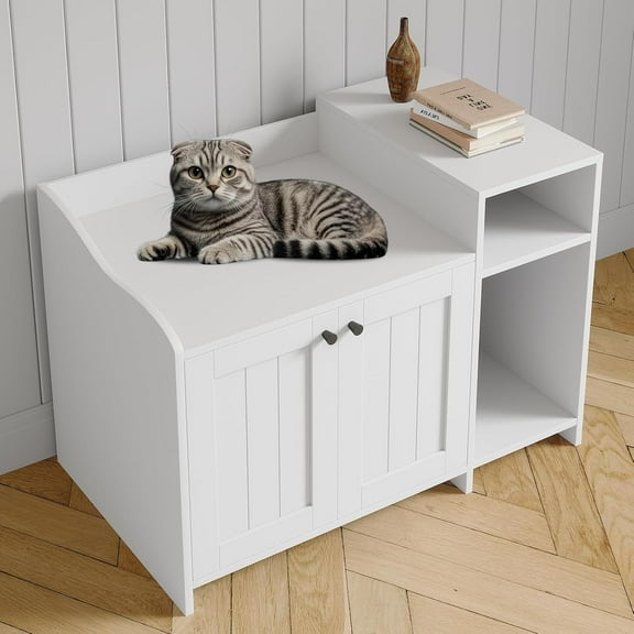 Hidden Cat Litter Box Furniture - Wooden Barn Door Cabinet with Storage Shelf | End Table Style Cat House Enclosure | Fits Most Litter Boxes | Odor Control, Ventilation | Modern Pet Furniture