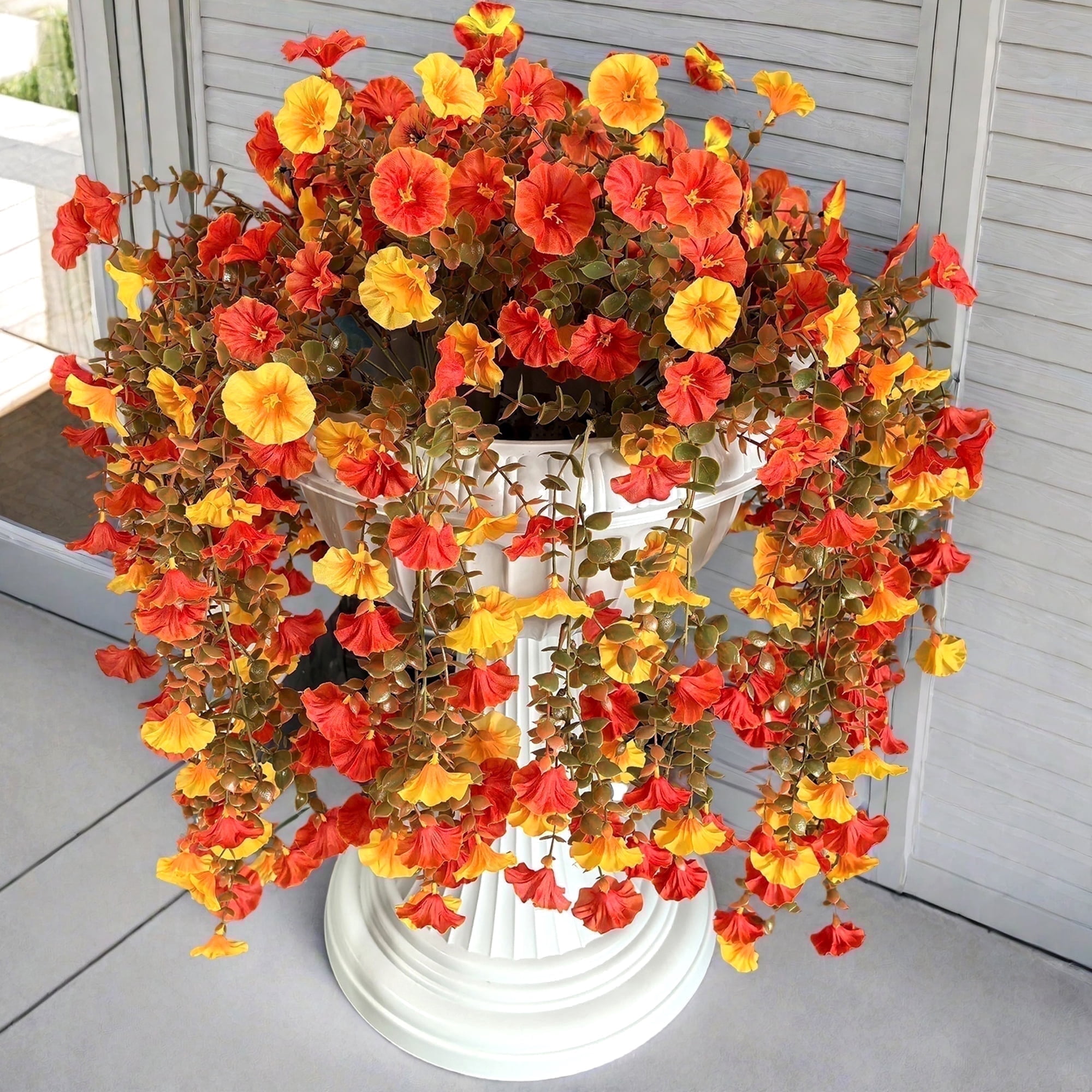 Artificial Fake Mums Flowers Plants for Outdoors, 2 PCS Artificial Hanging Flowers Silk Morning Glory UV Resistant Look Real for Outside Porch Planter Home Decor