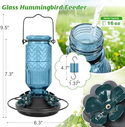 Glass Hummingbird Feeder for Outdoors Hanging, 16 OZ Humming Birds Feeders with 4 Bee Guard Feeding Ports & Built-in Ant Moat, Hummingbird Gifts for Mom, Bird Feeder for Outside, Blue