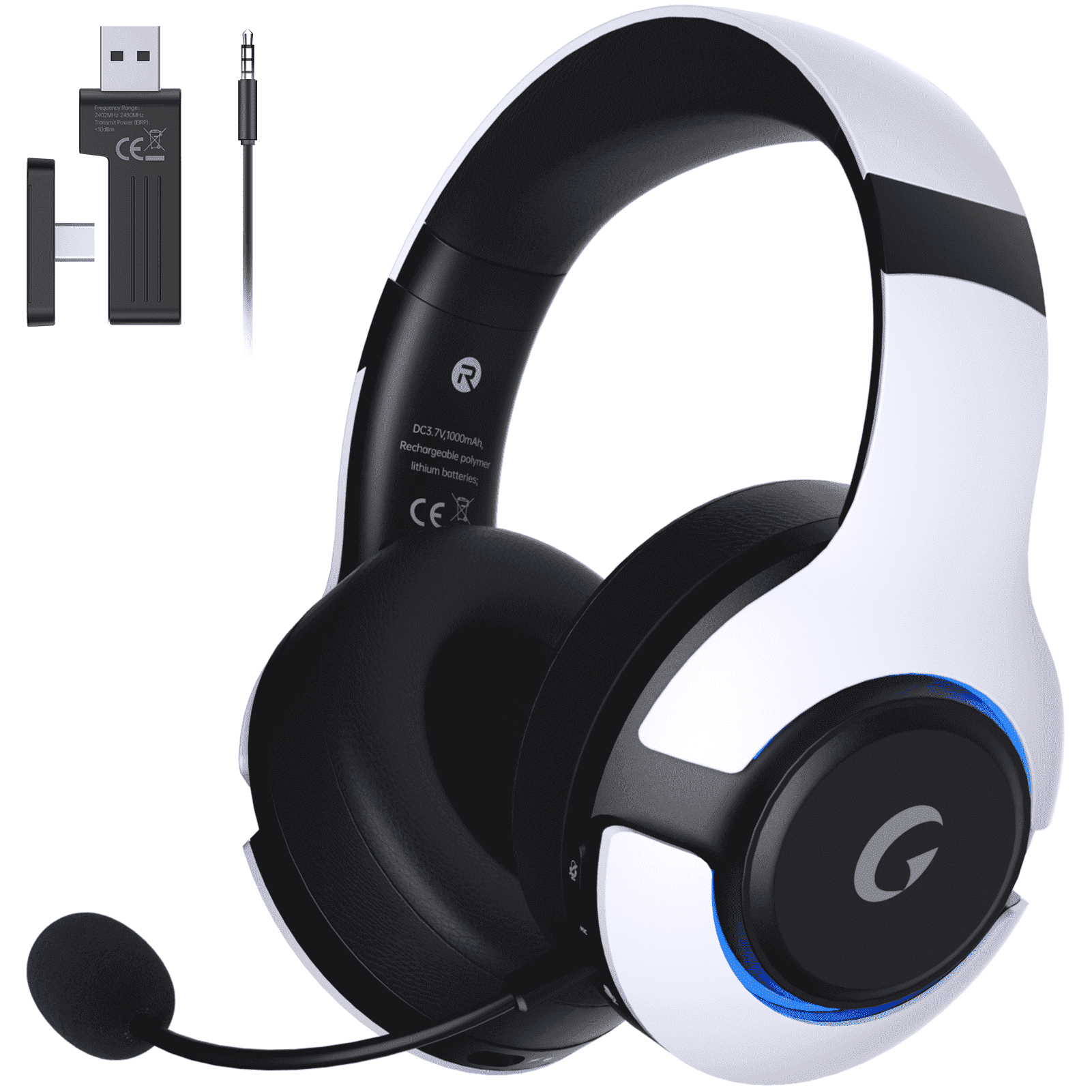 AYEDLOE 2.4GHz Wireless Gaming Headset for PS5, PS4, PC, Switch , Bluetooth 5.3 Gaming Headphones, Noise Canceling Mic, 45H, RGB, Black-White
