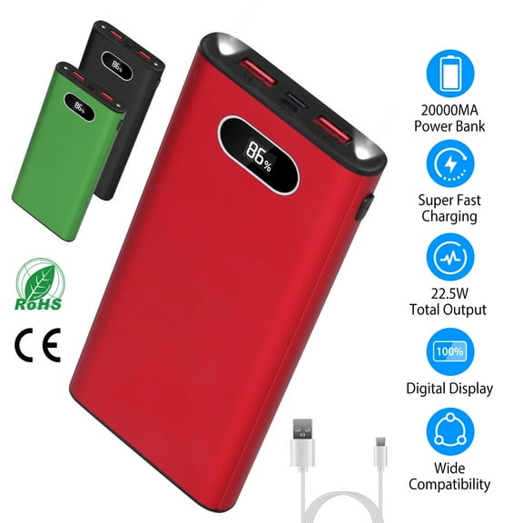 INova Portable 20000mAh Power Bank, 22.5W Super Fast Charging with LED Display Flashlight,Red