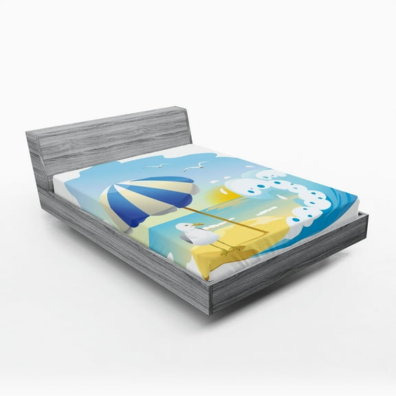 Ambesonne Cartoon Fitted Sheet, Seagull at Beach, Queen Size, Multicolor