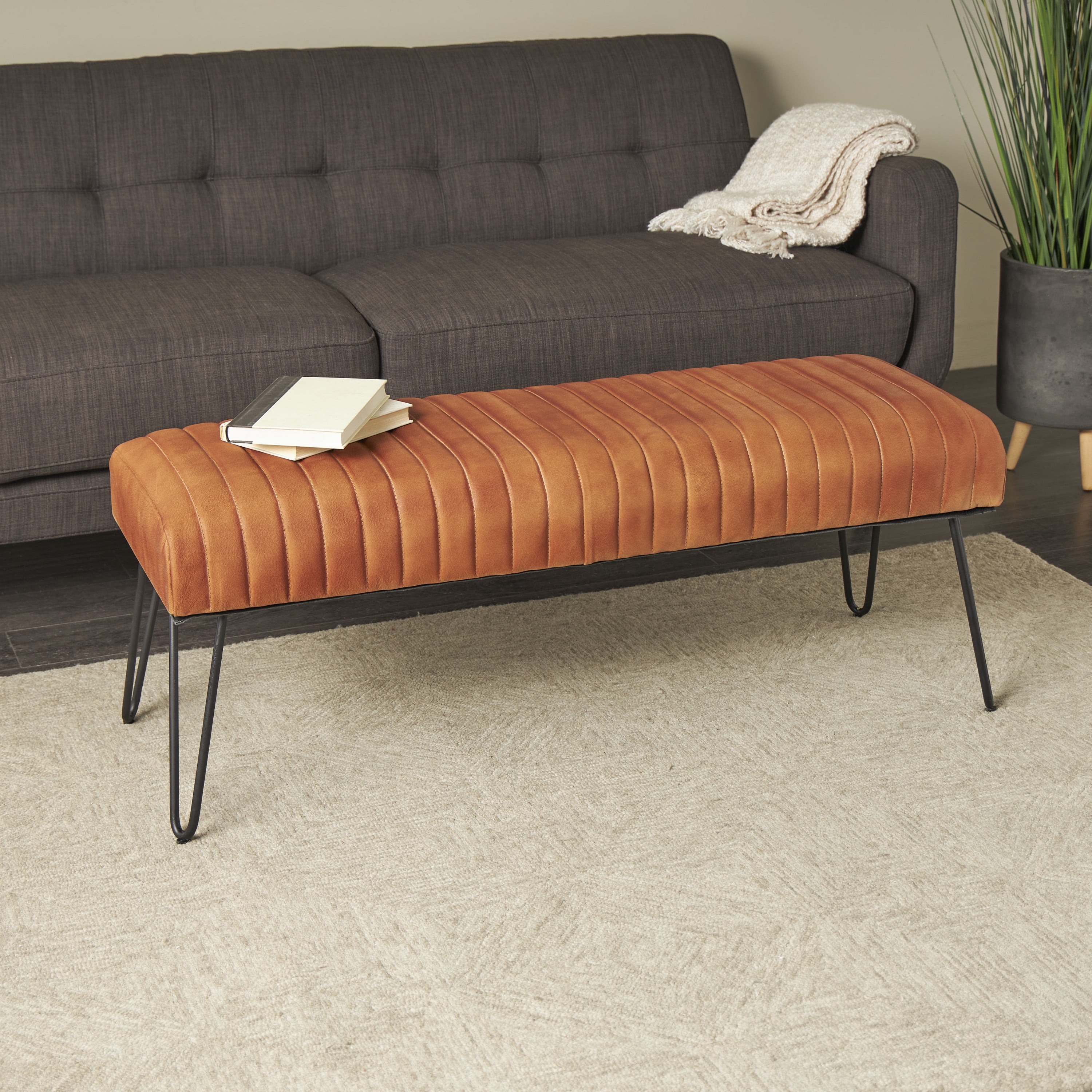 DecMode Leather Upholstered Bench with Linear Tufted Panels and Black Metal Hairpin Legs, Brown