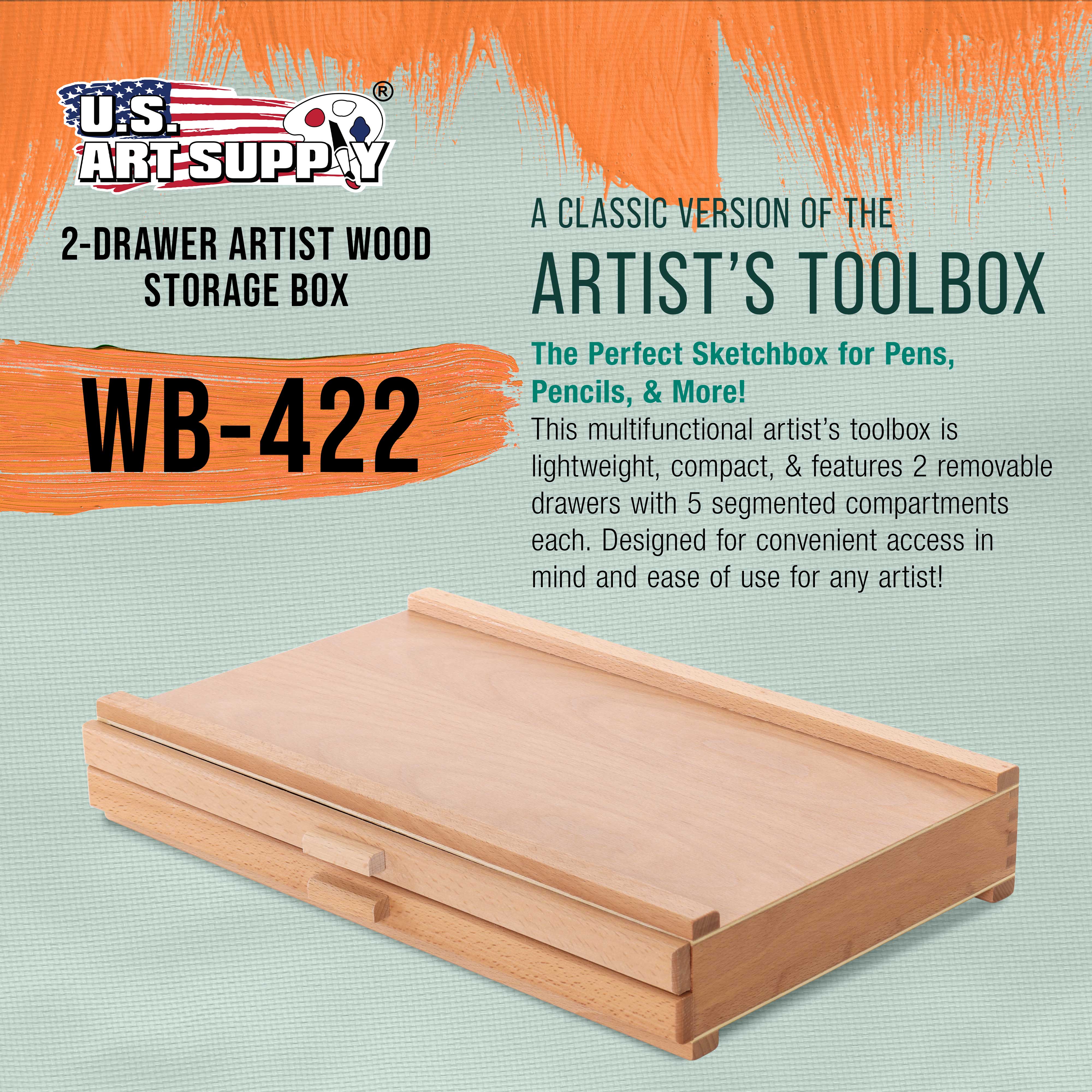U.S. Art Supply 2-Drawer Artist Wood Pastel, Pen, Marker Storage Box - Elm Hardwood Construction, 5 Compartments per Drawer - Ideal for Pastels, Pens, Pencils, Charcoal, Blending Tools, and More